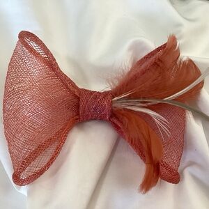 Real straw hair clip bow girls feathers. Coral pink, coral orange, gray, ivory